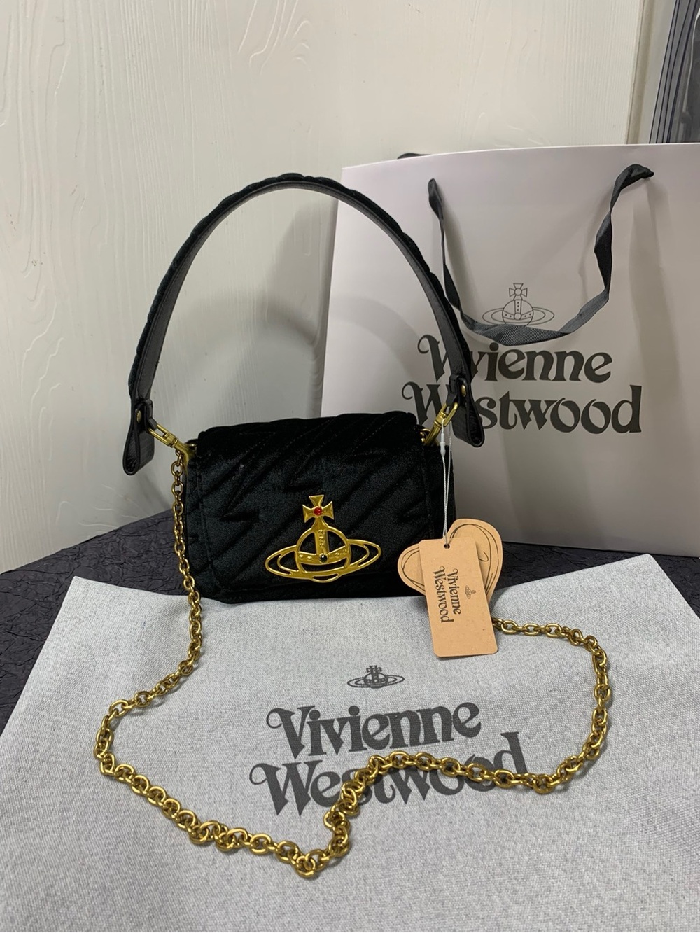 Vivienne Westwood Black Quilted Mini Shoulder Bag with Gold Orb Accent